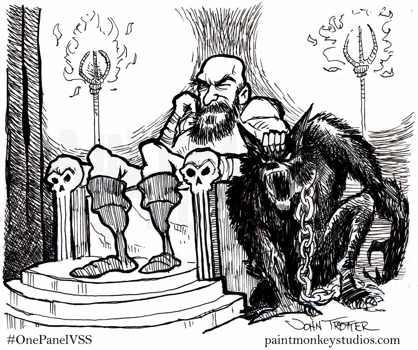 Ink drawing of a warlord in a throne petting a chained up werewolf. Ink drawing of a warlord in a throne petting a chained up werewolf.