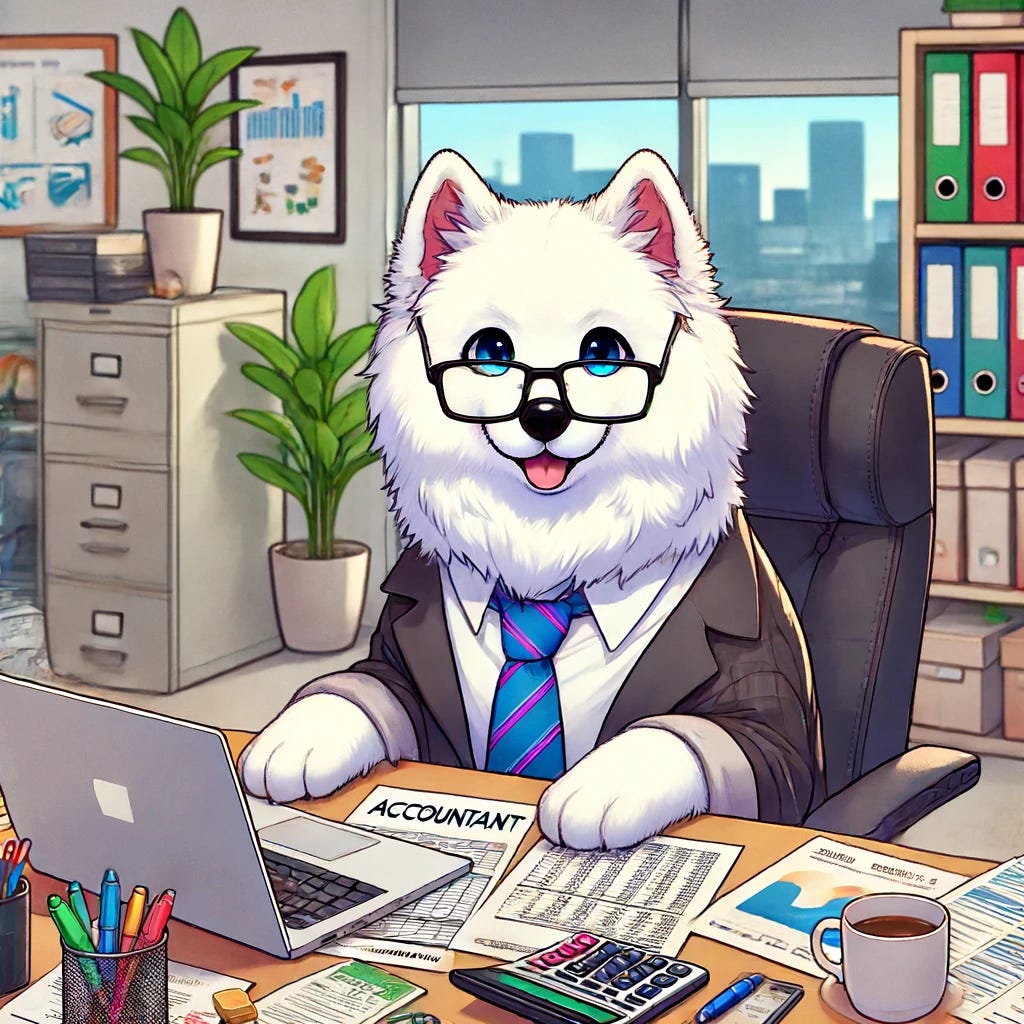 An anime-style Samoyed dog dressed as an accountant, sitting at a desk with a laptop, financial documents, and a calculator. The dog is wearing glasses and a tie, surrounded by office supplies like pens, a cup of coffee, and a small plant. The background shows a typical office setting with filing cabinets, bookshelves, and a window with a cityscape view. The art style should be colorful and vibrant, typical of anime with exaggerated features and expressions.