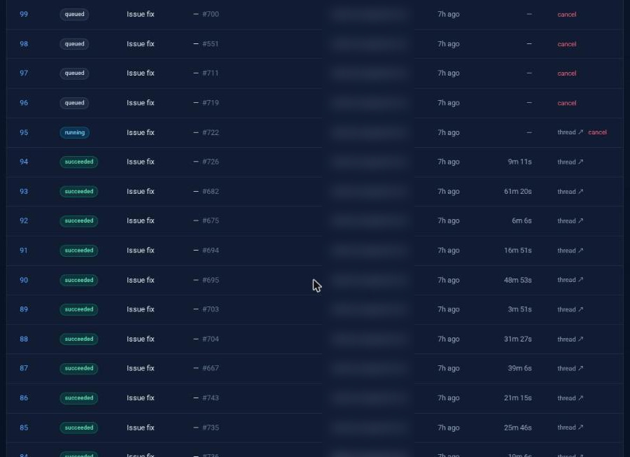 The Ledger. Every run, how long it took, and a link to its Discord thread.