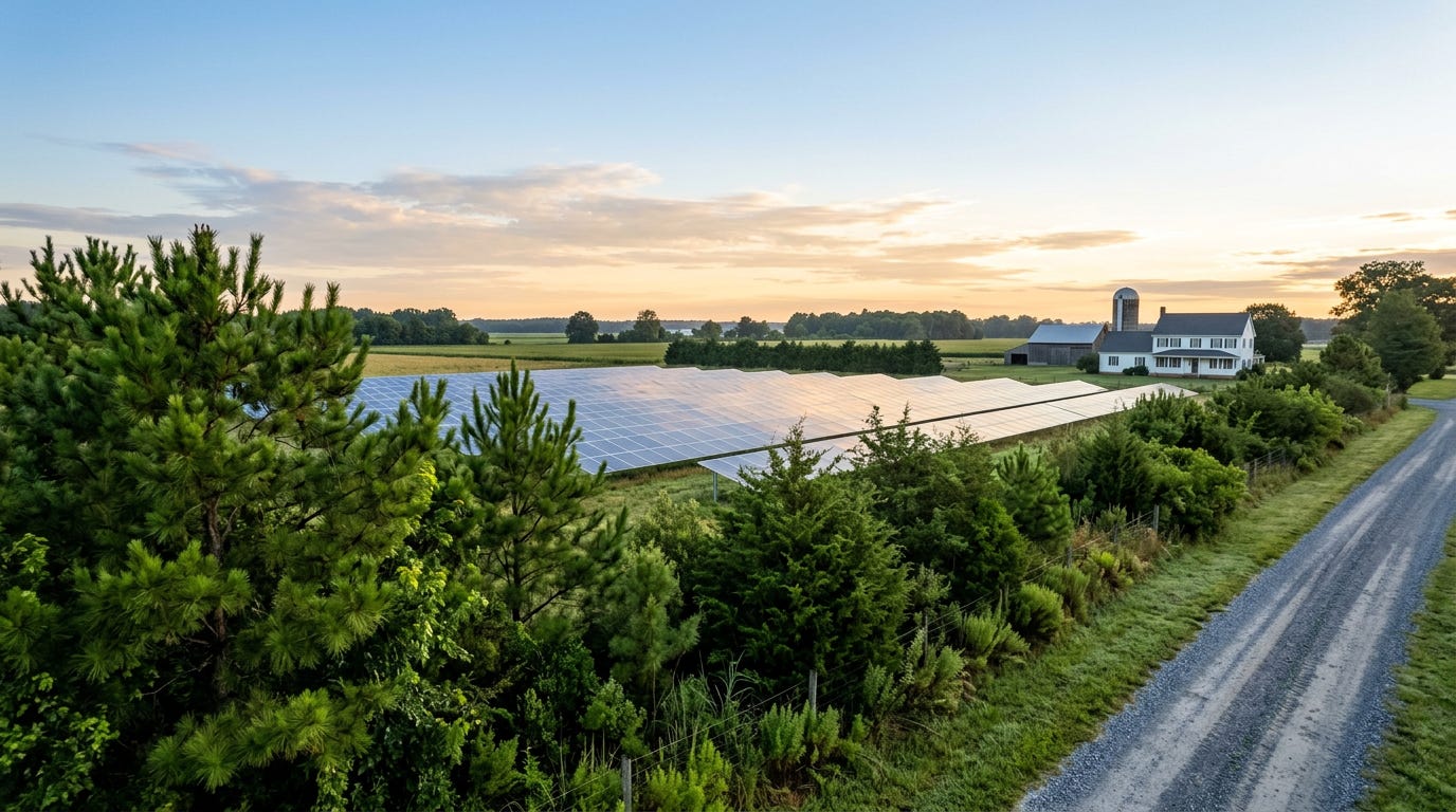 A wide-angle photograph of a quiet solar farm lined with a thick, natural screen of evergreen trees in a flat, rural field under a warm sunrise sky. A wide-angle photograph of a quiet solar farm lined with a thick, natural screen of evergreen trees in a flat, rural field under a warm sunrise sky.