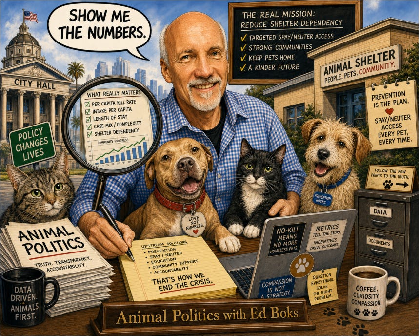 Illustrated portrait of Ed Boks at a desk with dogs and cats, surrounded by shelter data, policy notes, and messages promoting prevention, transparency, accountability, and animal welfare.