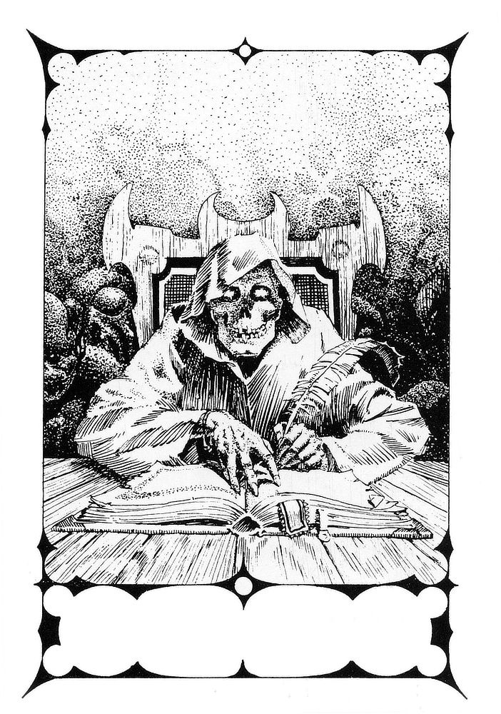 LEFT: Figure detail of Death pausing to glance up while inscribing a name in his ancient tome. Blank orbitals set in a bleached skull stare flat black at the audience. His book rests on splintered boards; the perspective lines create an illusion of a tabletop in front of him that really isn't there. Etched in the decaying wood is the artist sigil, the stylized letters M and W bound within a circle. RIGHT: Pen and ink bookplate design featuring Death pausing to glance up while inscribing a name in his ancient tome. The shape of the winged throne differs from the finished painting, and the hint of demons can be seen stippled in the background over Death's shoulder.