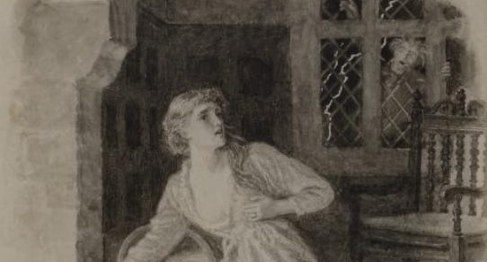 Detail from a 19th century painting. A woman in the foreground appears scared. In the background, a wild-eyed demon peers through a window.