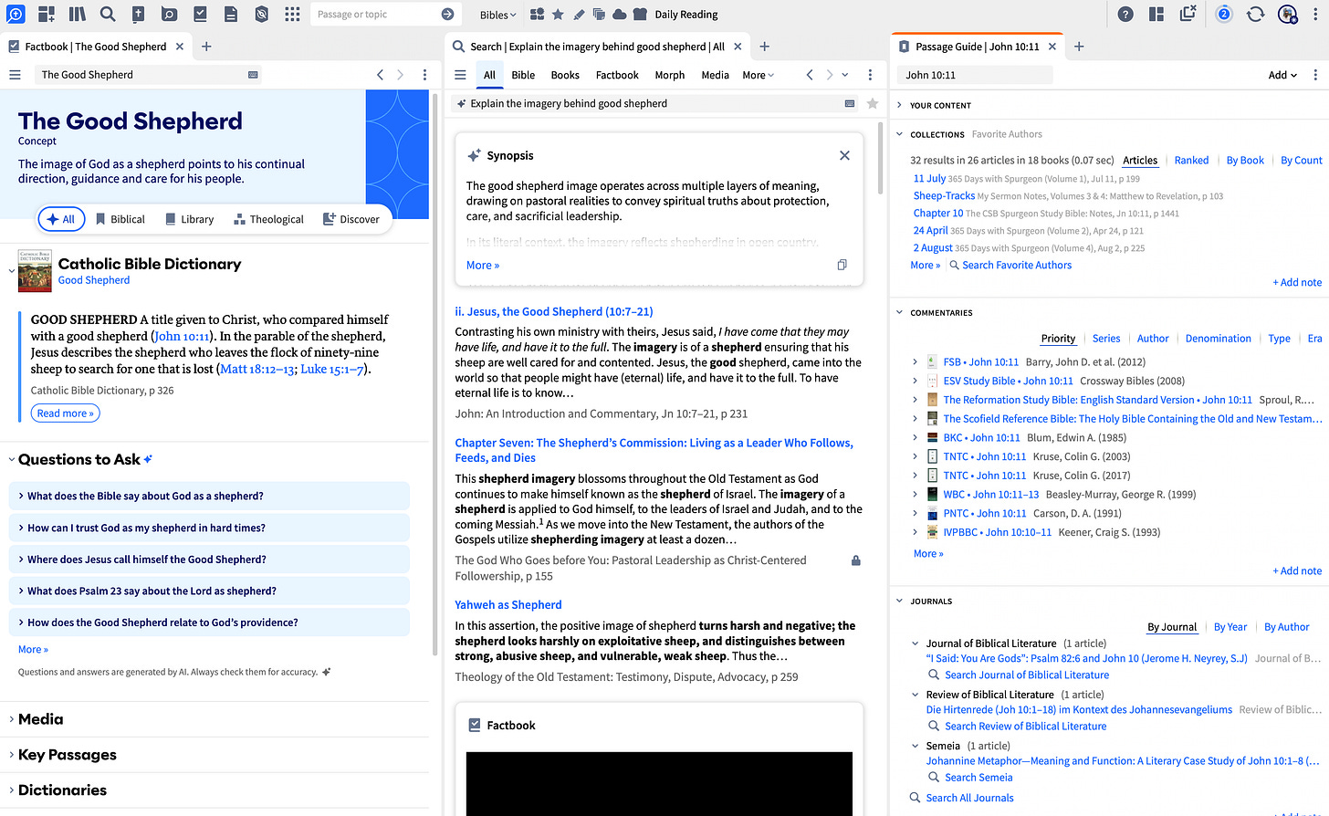 Logos Bible Study App open to Factbook, Smart Search, and Passage Guide on the Good Shepherd