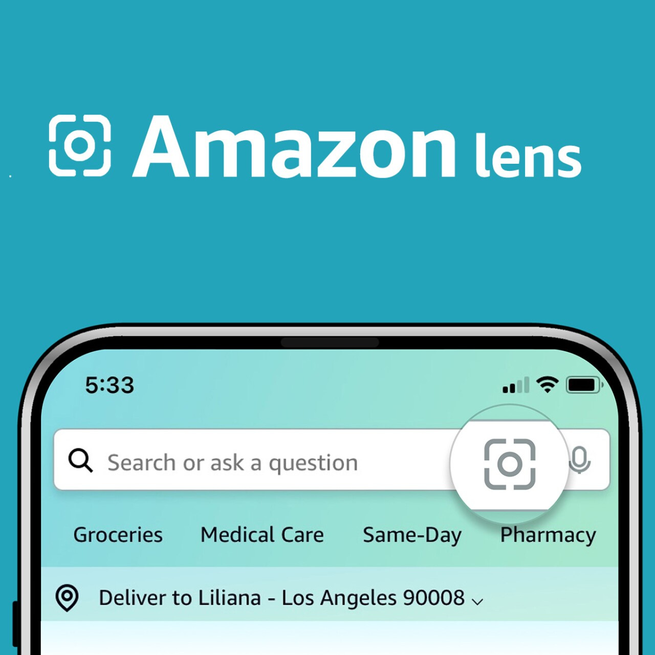 The top of a smartphone with the Amazon shopping app pulled up and zoomed in on the camera icon in the search bar of the app.