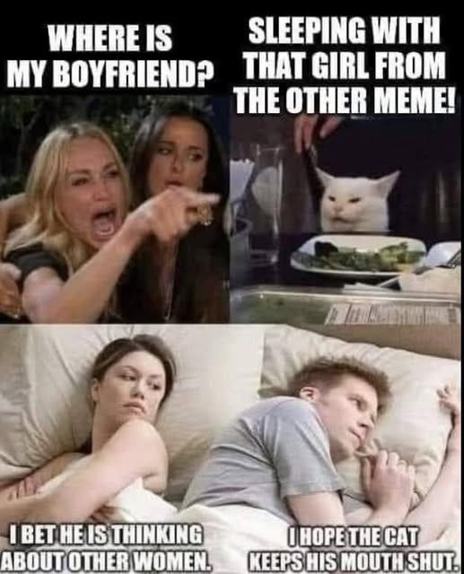 May be an image of 3 people and text that says 'WHERE IS MY BOYFRIEND? SLEEPING WITH THAT GIRL FROM THE OTHER MEME! 日高.通間 I BET HE HEI IS THINKING ABOUT OTHER WOMEN. OHOPE THE CAT KEEPSH HIS MOUTH SHUT.'