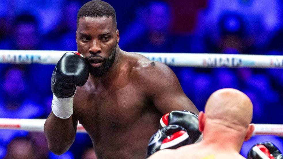 Lawrence Okolie during his fight with Lukasz Rozanski for the WBC bridgerweight title Lawrence Okolie during his fight with Lukasz Rozanski for the WBC bridgerweight title