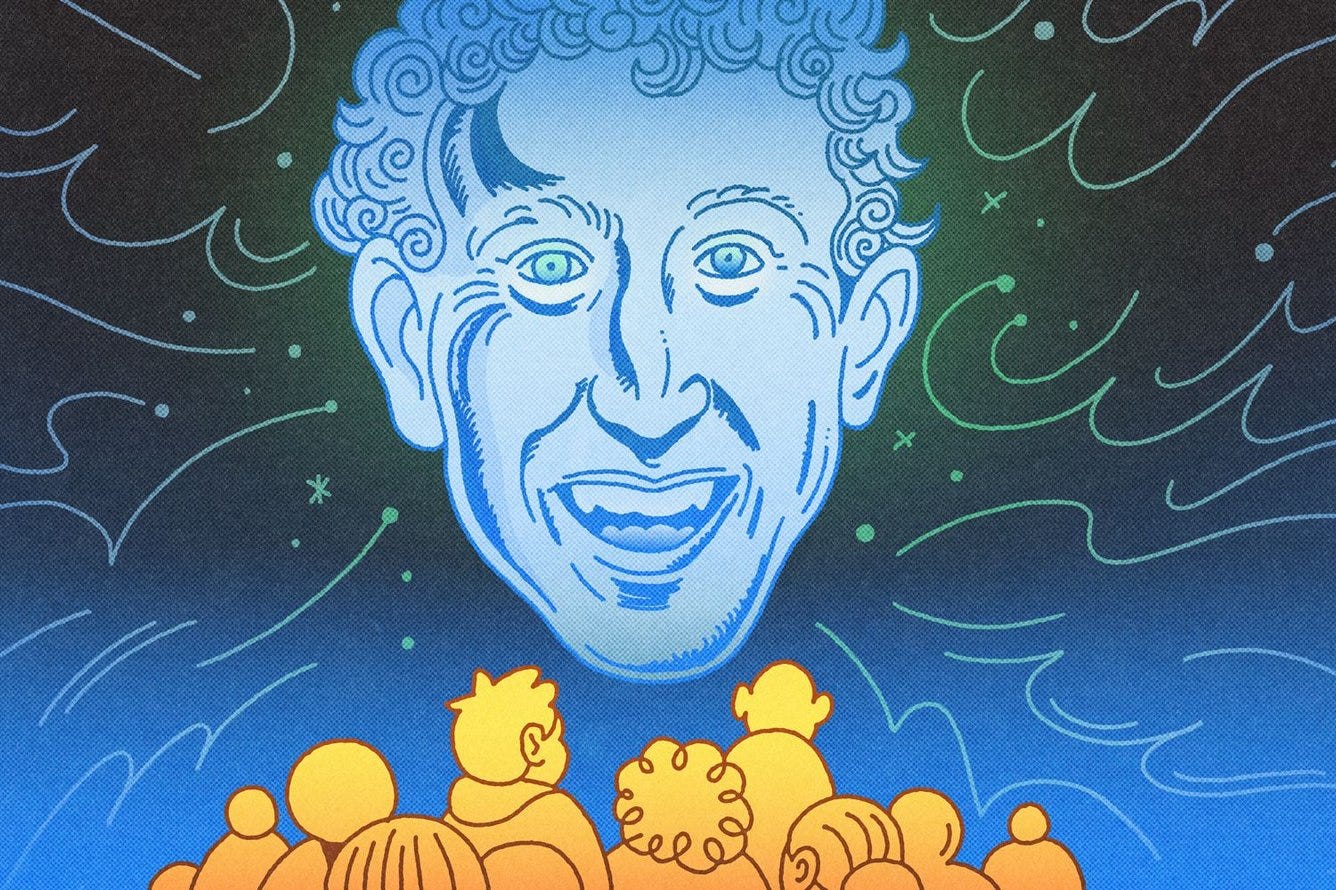 Mark Zuckerberg's cartoon head floating above a bunch of people