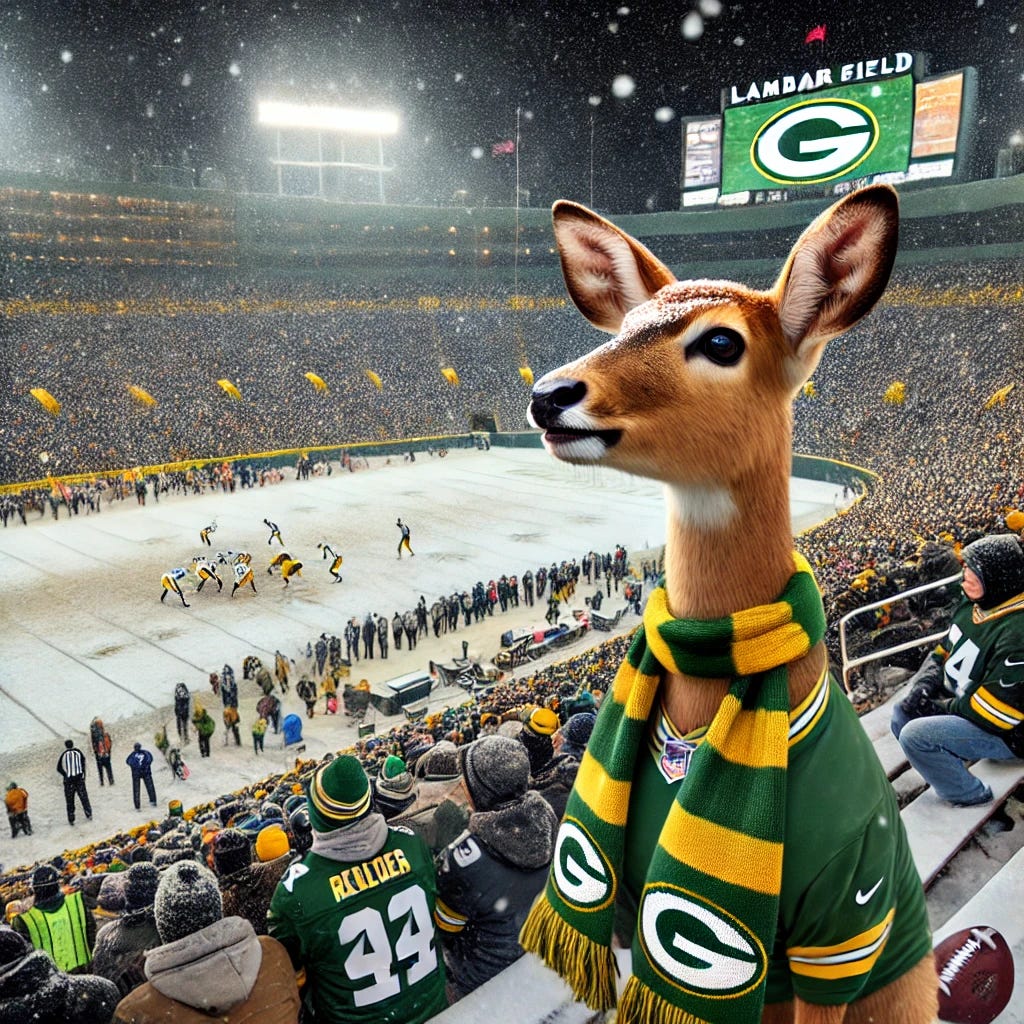 A snowy Lambeau Field during a football game between the New Orleans Saints and Green Bay Packers, with players on the field in action under bright stadium lights. In the stands, among the cheering fans dressed in team colors, a realistic antelope is depicted wearing a Packers scarf, enthusiastically watching the game. The scene captures a cold winter night atmosphere with visible snow falling.
