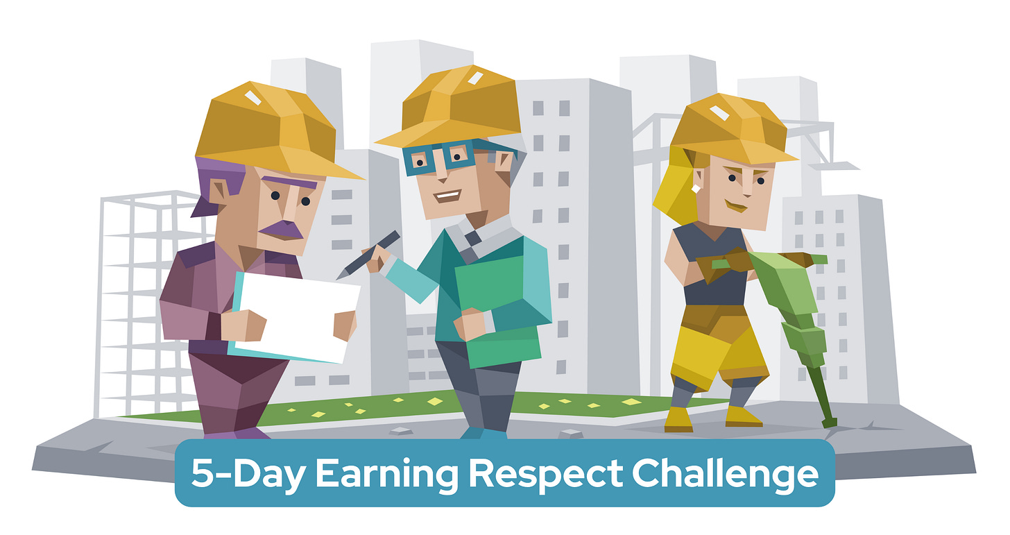 Three construction workers wearing yellow hard hats are at a building site. An Analyst holds blueprints while a Sentinel stands beside him, pointing at the blueprints with a pen. The third construction worker – an Explorer – operates a jackhammer. City buildings are visible in the background. Below, the words '5-Day Earning Respect Challenge' are shown.