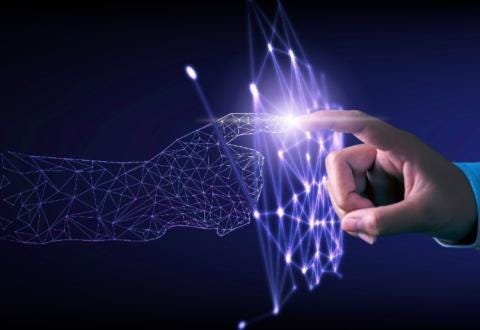 human touching digital hand