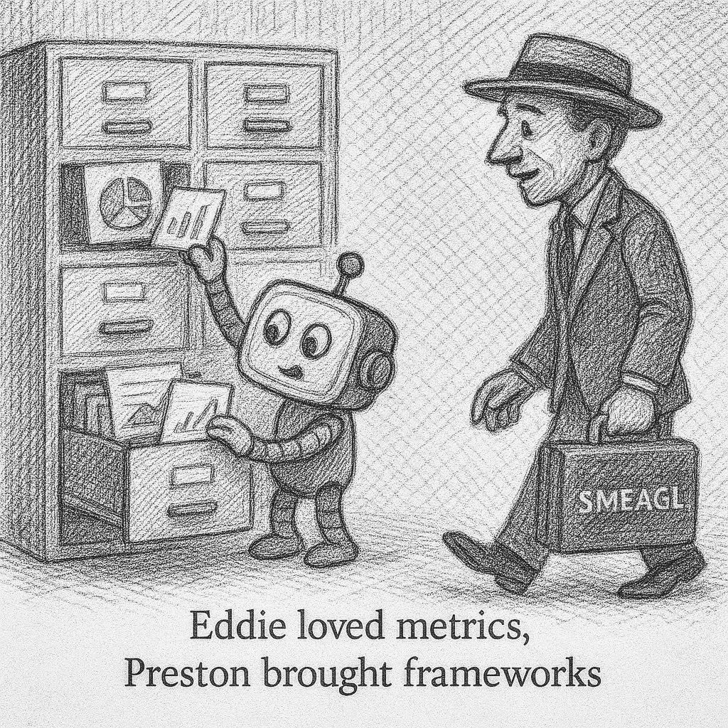  Cross-hatched sketch of male AI character filing metrics in organized cabinets as businessman arrives carrying "SMEAGL" briefcase