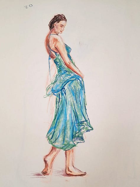 Various chalk drawing of a woman in a sundress