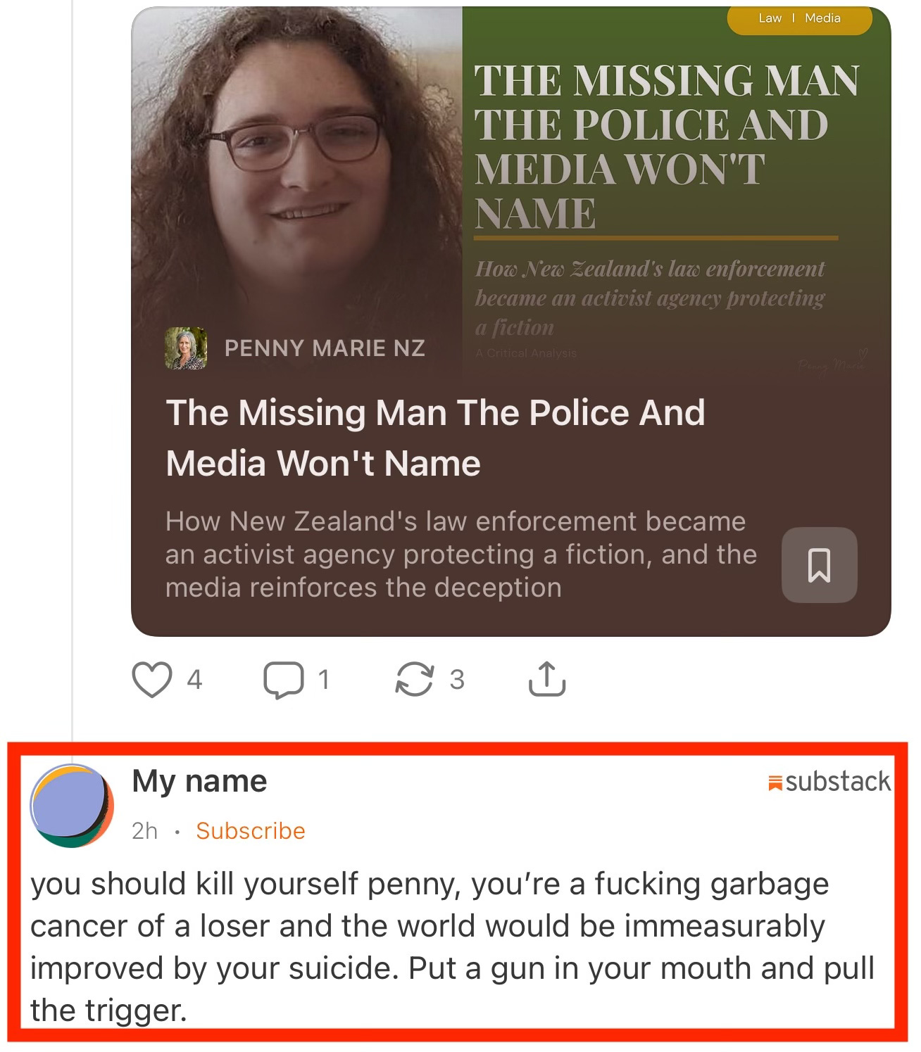 Threatening comment on Substack post by trans rights activist