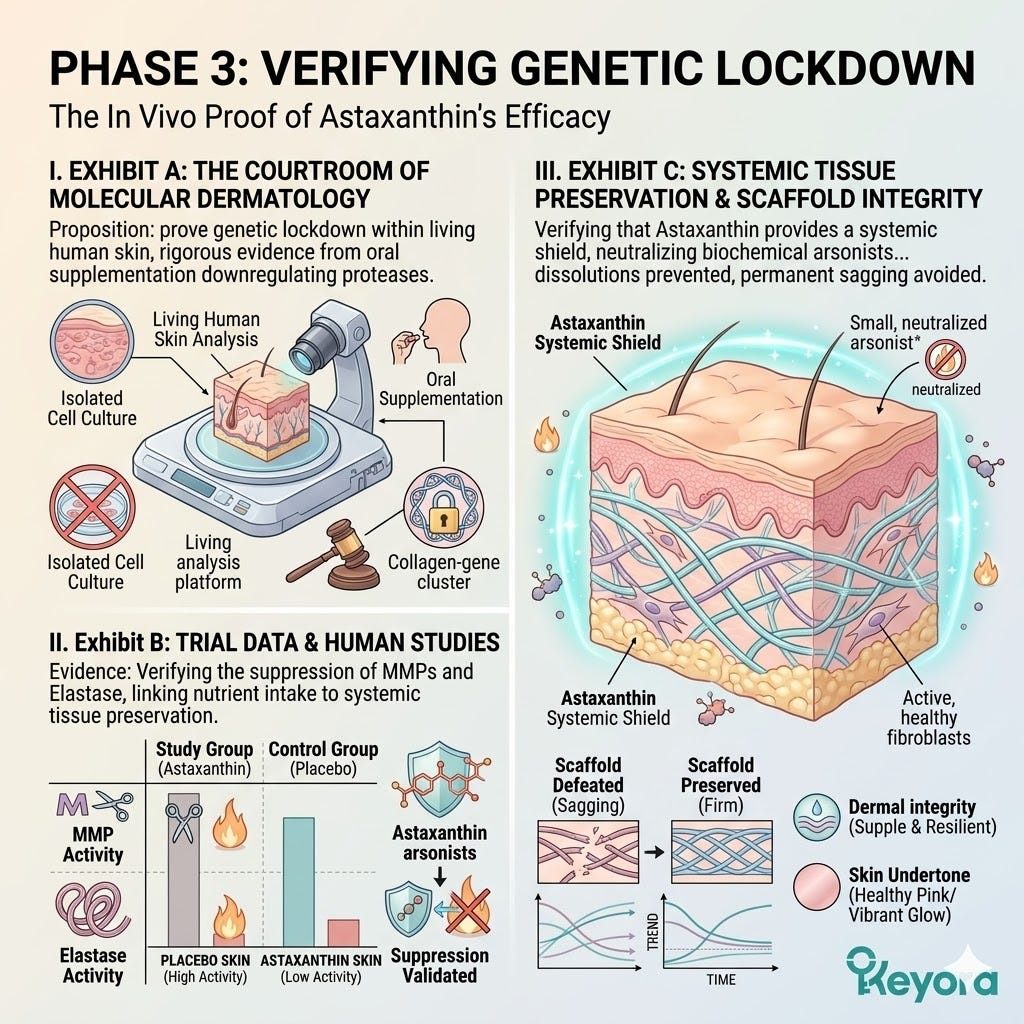 Clinical In Vivo Data validates the Astaxanthin lockdown of elastase and MMPs to arrest structural collapse and secure Dermal Sovereignty. Clinical In Vivo Data validates the Astaxanthin lockdown of elastase and MMPs to arrest structural collapse and secure Dermal Sovereignty.