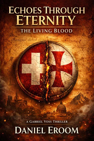 Cover for Echoes Through Eternity with a parchment background, a silouette of Rome, and a circular emblem with a red cross and a Templay cross in the middle Cover for Echoes Through Eternity with a parchment background, a silouette of Rome, and a circular emblem with a red cross and a Templay cross in the middle