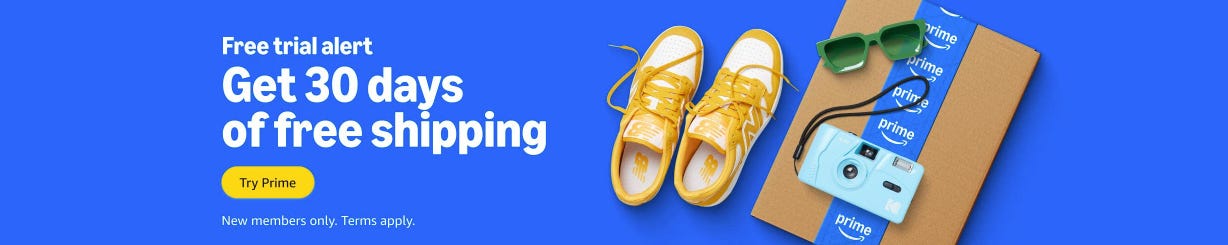 Amazon Prime membership offer banner promoting fast, free delivery, exclusive deals, and award-winning TV. Features a bold 'Try Prime' button on a blue background. Amazon Prime membership offer banner promoting fast, free delivery, exclusive deals, and award-winning TV. Features a bold 'Try Prime' button on a blue background.