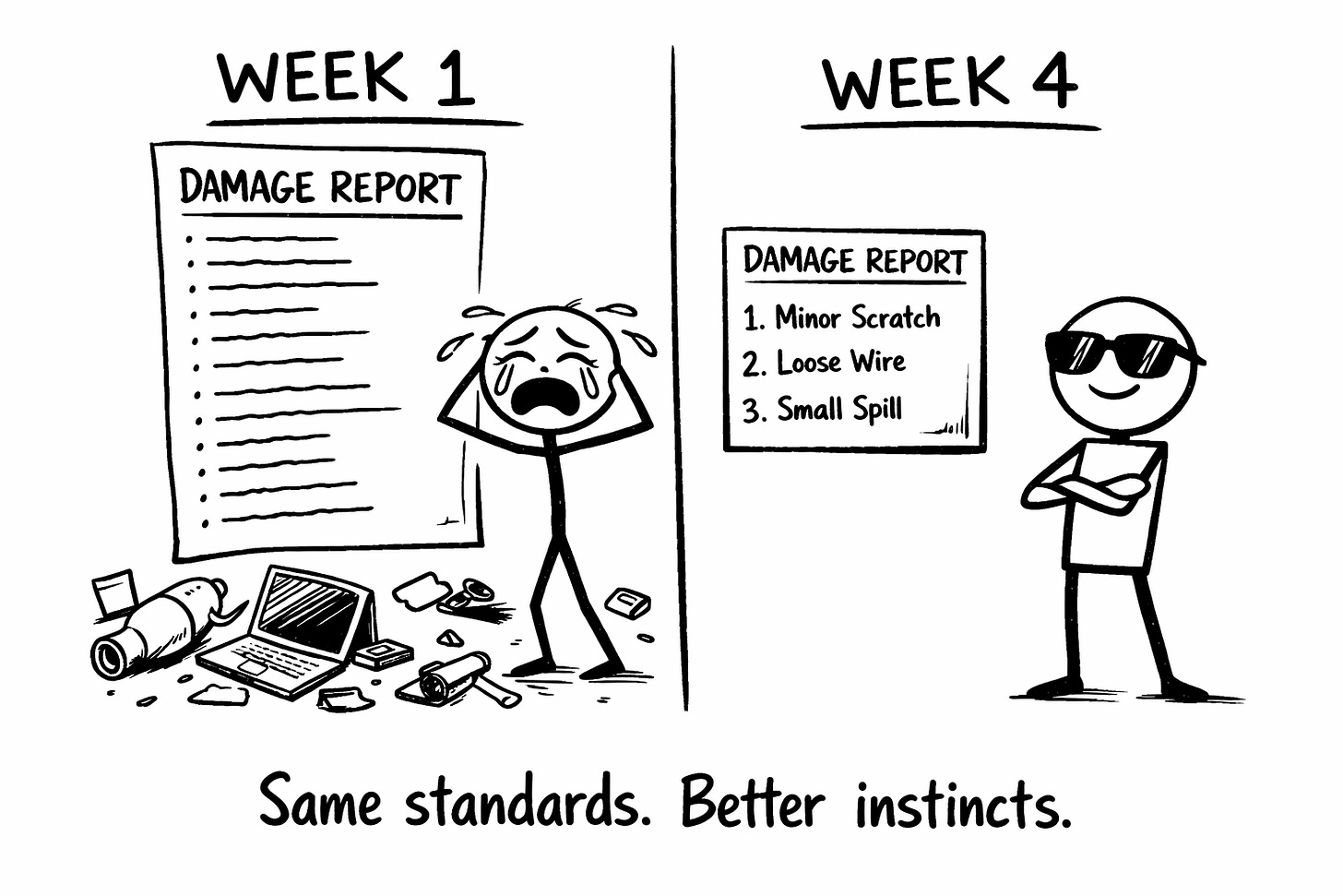 Black-and-white hand-drawn before-and-after comparison of AI red team editing results over time: Week 1 shows a stick figure crying next to a long damage report with a broken laptop and scattered debris on the floor, while Week 4 shows a calm stick figure in sunglasses with arms crossed next to a short damage report listing only three minor items. Text below reads 'Same standards. Better instincts. Black-and-white hand-drawn before-and-after comparison of AI red team editing results over time: Week 1 shows a stick figure crying next to a long damage report with a broken laptop and scattered debris on the floor, while Week 4 shows a calm stick figure in sunglasses with arms crossed next to a short damage report listing only three minor items. Text below reads 'Same standards. Better instincts.