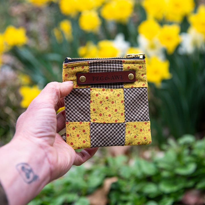 antique quilt block and waxed canvas pouches, Peg and Awl