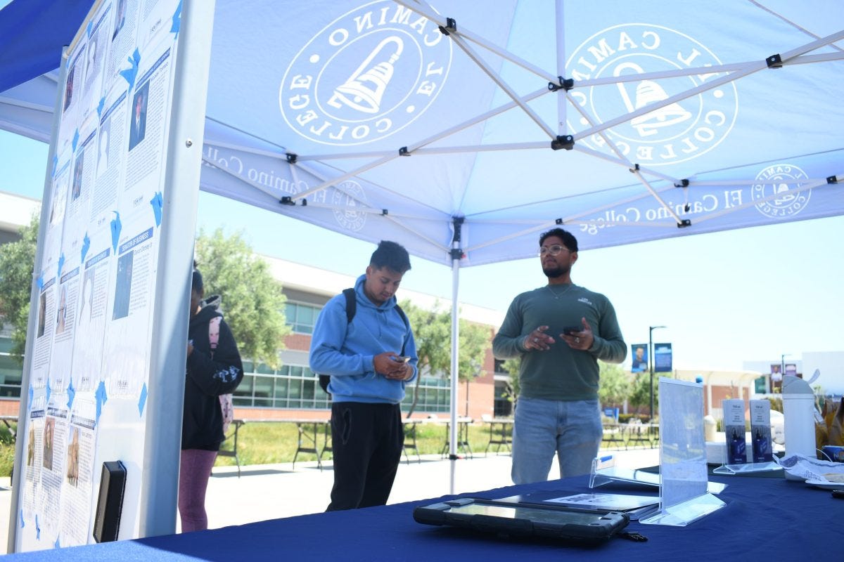 El Camino College students using their phones to vote in the Associated Students Organization elections Tuesday, April 29. Psychology major Christian Lopez (right), 25, said he feels like he is actually voting because the ballots may be received and read. "I actually go to class with one of the candidates," Lopez said. (Nikki Yunker | The Union)