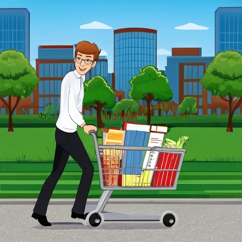 Colorfull illustration of young, white male pushing grocery cart full of books on college campus.college srud Colorfull illustration of young, white male pushing grocery cart full of books on college campus.college srud