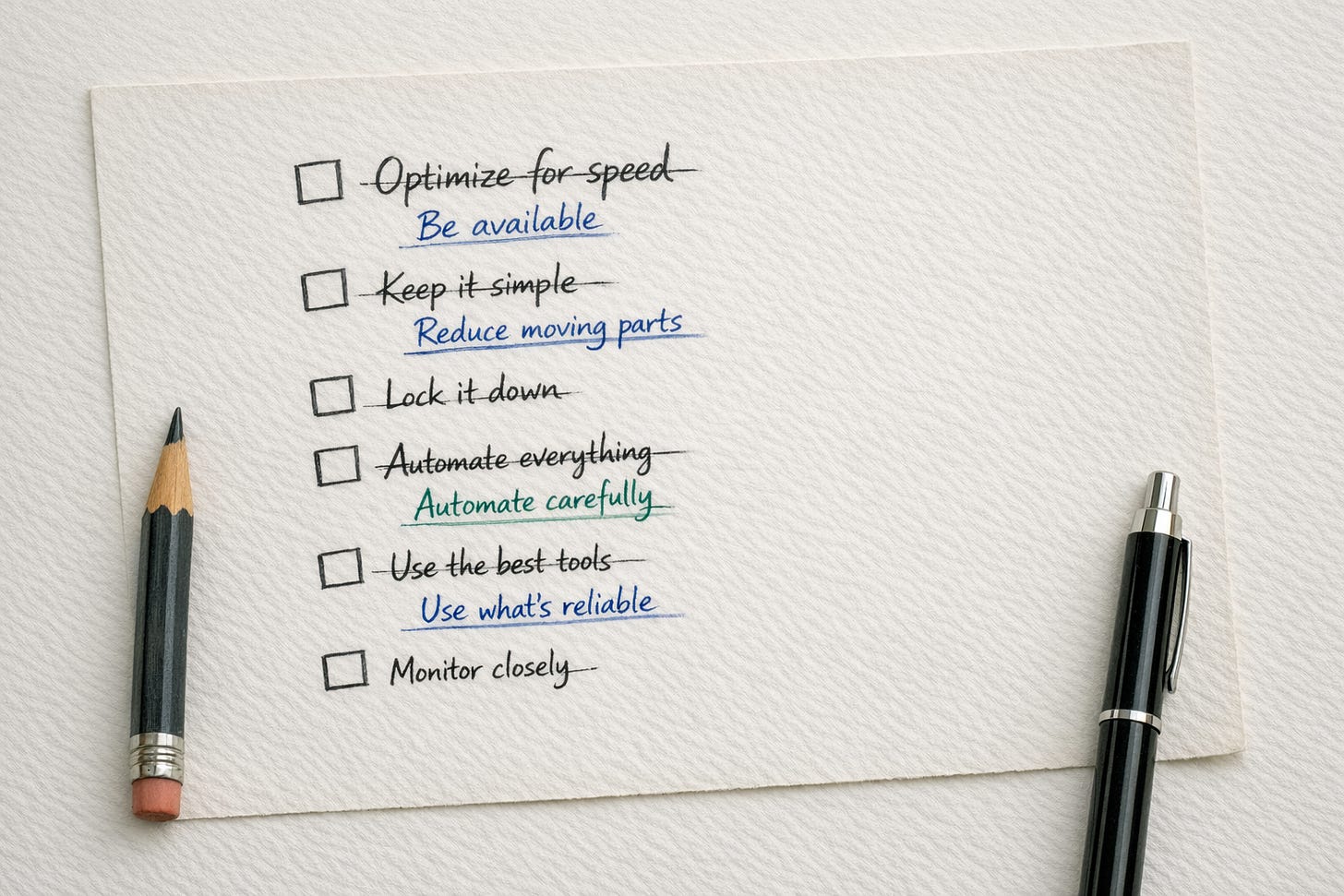 Handwritten checklist on textured paper with several items crossed out and rewritten Handwritten checklist on textured paper with several items crossed out and rewritten