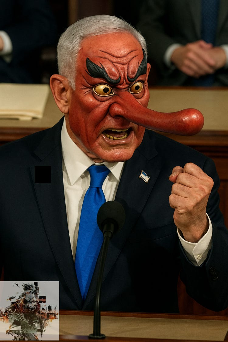 Caption: Netanyahu meets Tengu meets Pinocchio — the Liar-in-Chief in full form.