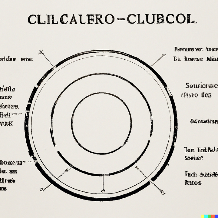 a series of four vintage looking diagrams created by AI approximating the idea of circumlocution with lots of concentric circles, arrows, and garbled nonsense text