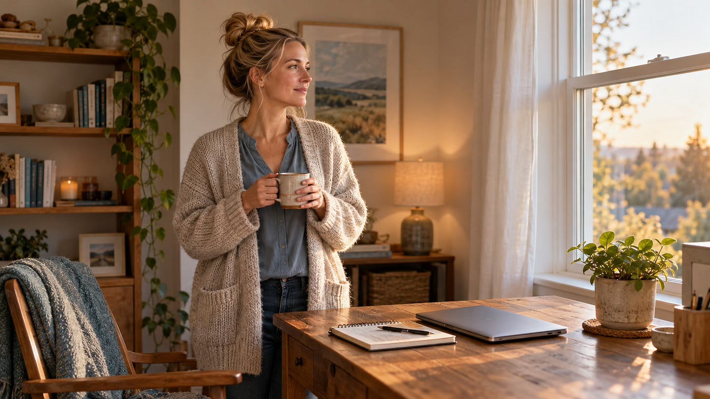 Woman standing beside a home-office desk, holding a mug near a window, with a closed laptop on the desk.