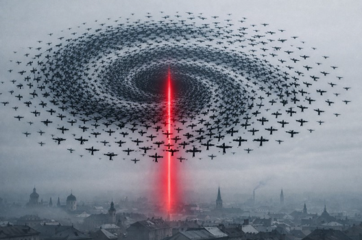 A swarm of drone silhouettes spiralling in formation above a dawn cityscape, one crimson beam rising through the centre, illustrating Russia’s air campaign escalation against Ukraine.