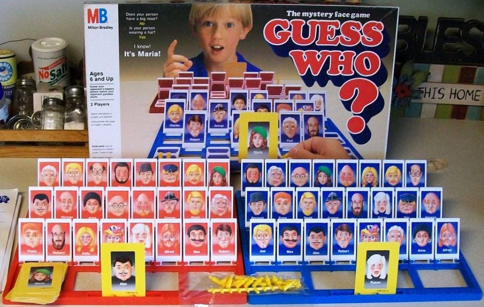 An image of all the pieces that come with the Guess Who Game