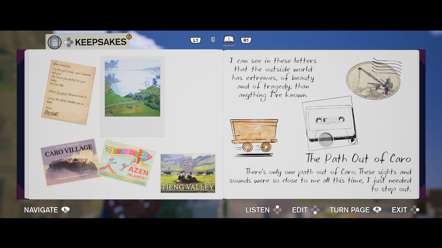A scrapbook containing photos, postcards, sketches, and writing