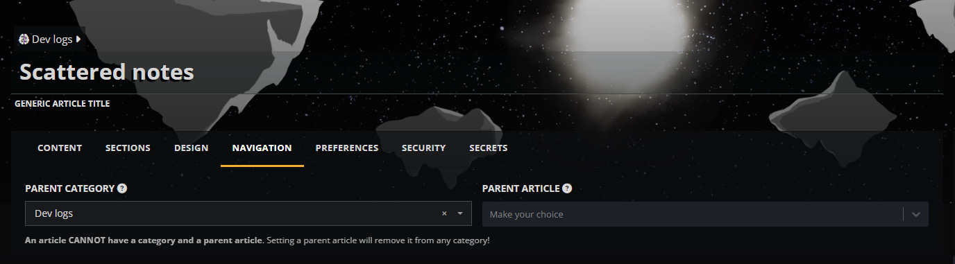 A screenshot of an article in the editing view, on the navigation tab, showing off where to select a parent category or article.
