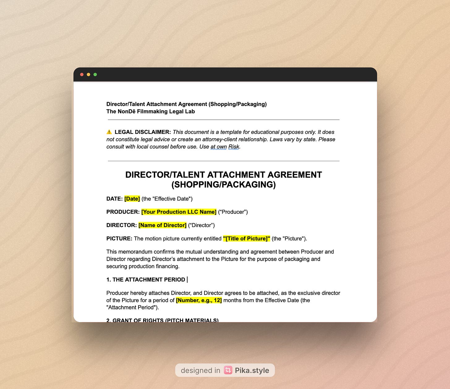 Director Attachment Agreement legal template document for indie filmmaking and film production.