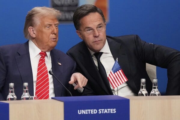 President Donald Trump and NATO Secretary General Mark Rutte attend a plenary session at the NATO summit in The Hague, Netherlands, Wednesday, June 25, 2025. (AP Photo/Matthias Schrader) President Donald Trump and NATO Secretary General Mark Rutte attend a plenary session at the NATO summit in The Hague, Netherlands, Wednesday, June 25, 2025. (AP Photo/Matthias Schrader)