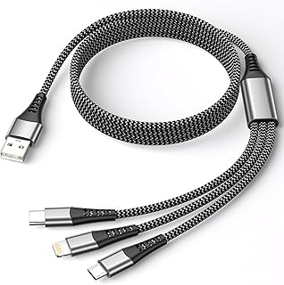 3 in 1 Multi USB Cable Charger Cable Multi Tip 1.2 m Nylon Braided Cable Universal with Micro USB Type C Lightning Connect...