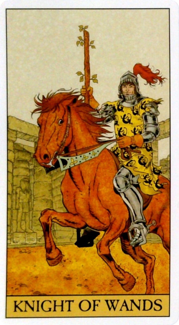 The Knight of Wands tarot card and the Enthusiasm oracle card.