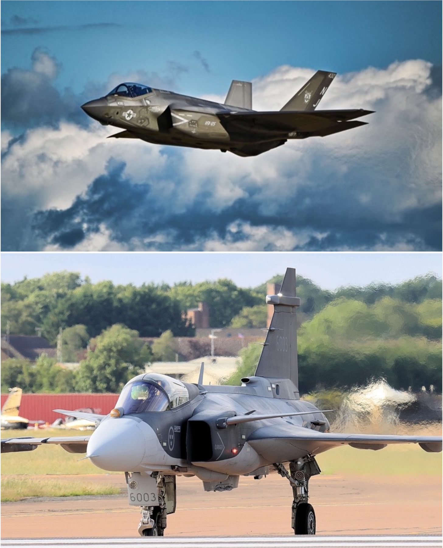 Deadly consequences? While the U.S.-made Lockheed Martin F-35 Lightning II stealth fighter (top) is a technological generation ahead of Sweden’s Saab JAS-39 Gripen (bottom), Canada’s pursuit of defence self-determination may push the Liberal government to force the Royal Canadian Air Force to operate a split fighter fleet, thus subordinating combat performance to politics.