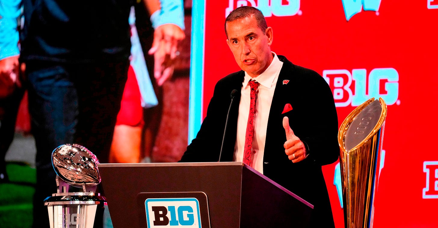Wisconsin head coach Luke Fickell speaks to the media during the Big Ten NCAA college football media days at Mandalay Bay Resort Wisconsin head coach Luke Fickell speaks to the media during the Big Ten NCAA college football media days at Mandalay Bay Resort