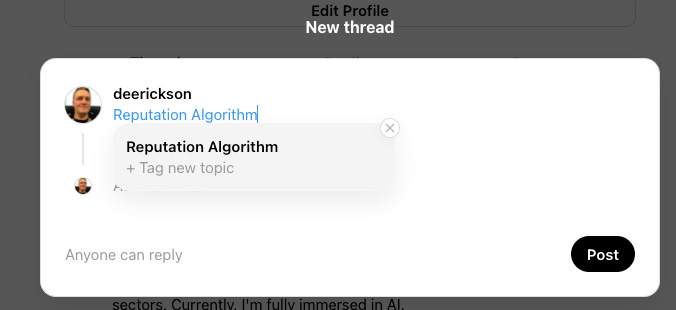 Screenshot of a new Threads post highlighting the creation of a new hashtag