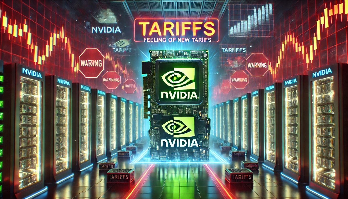 A 16:9 futuristic illustration depicting Nvidia feeling the impact of new tariffs. The scene features an Nvidia-branded AI data center with glowing server racks, but now surrounded by red warning holograms symbolizing tariff restrictions. At the center, an Nvidia GPU emits a dimmer green glow, representing market uncertainty. Holographic stock charts display a downward trend, while trade barriers labeled 'Tariffs' form an imposing backdrop. The atmosphere conveys volatility, economic pressure, and the ripple effect of geopolitical decisions on the semiconductor industry.