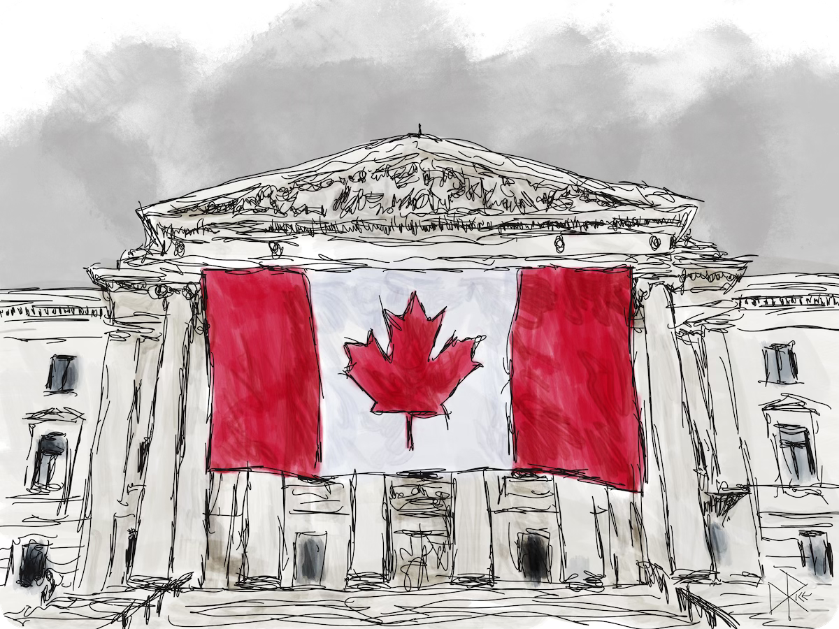 A gigantic Canadian flag, borrowed from the Winnipeg Blue Bombers football team, mounted on the Manitoba Legislature. Sketch art by Don Rice. A gigantic Canadian flag, borrowed from the Winnipeg Blue Bombers football team, mounted on the Manitoba Legislature. Sketch art by Don Rice.