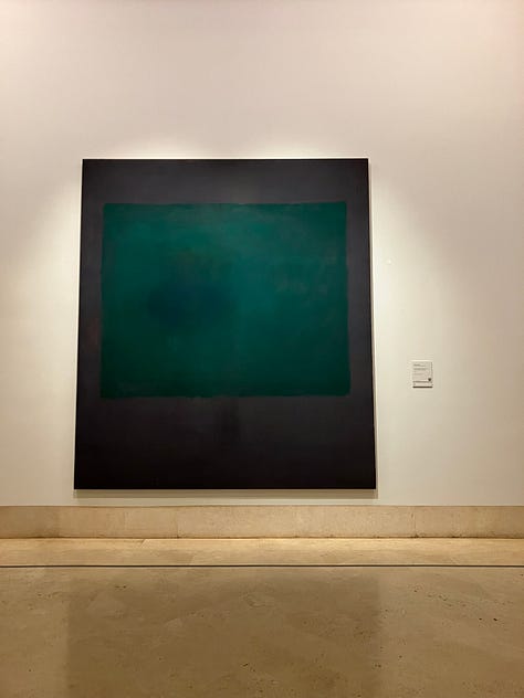 three views of the green and purple Rothko painting, shown whole, in its room with a bench, and in detail.