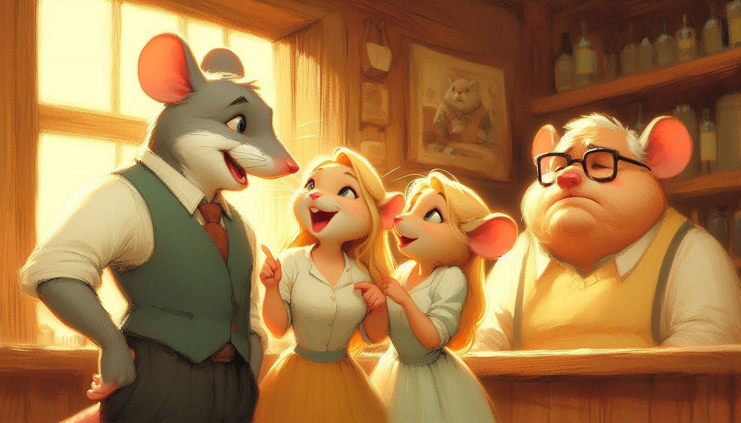 A handsome alpha mouse is talking to two pretty female mice, as an unhappy overweight mouse with glasses looks on from a distance. Slight impressionist style.