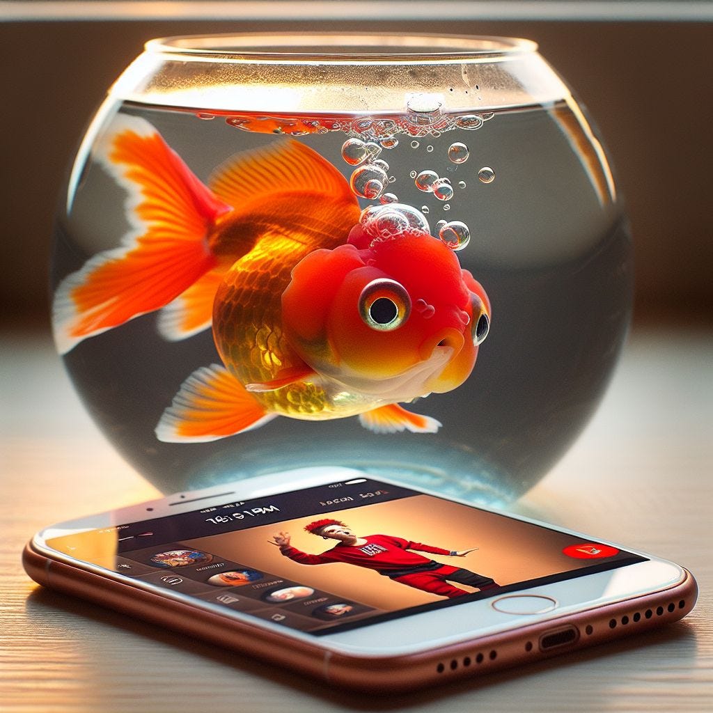 a goldfish watching tikitok on his phone in a small bowl