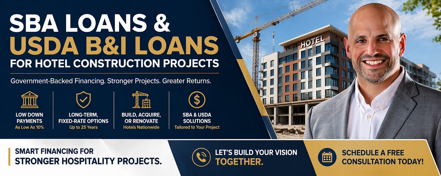 Unlock SBA & USDA-backed funding to bring your hotel construction project to life with lower equity, longer terms, and maximum leverage.