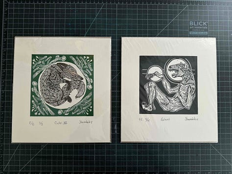 Linoleum prints, a clay print, stickers, and a hand stitched bag