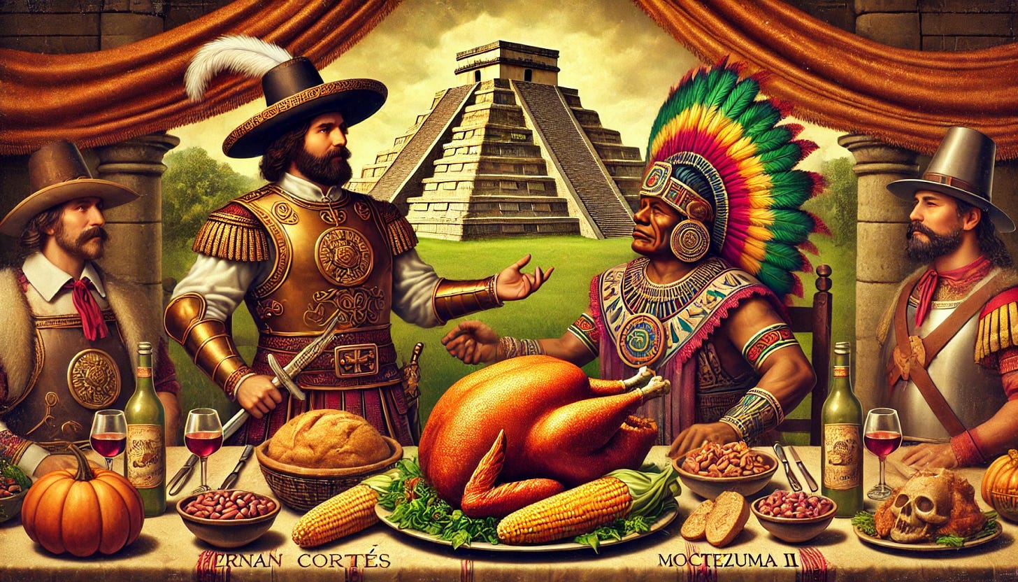 An artistic representation of Thanksgiving history featuring Hernán Cortés, Moctezuma II, and a turkey. The image includes Cortés in Spanish conquistador armor and Moctezuma II in elaborate Aztec regalia sitting at a table sharing a meal with a large roasted turkey as the centerpiece. The background is a blend of a traditional Aztec temple and a 16th-century Spanish colonial landscape. The table is decorated with foods representing both cultures, such as maize, beans, and bread. The style is warm and inviting, combining historical elements with a sense of Thanksgiving tradition.