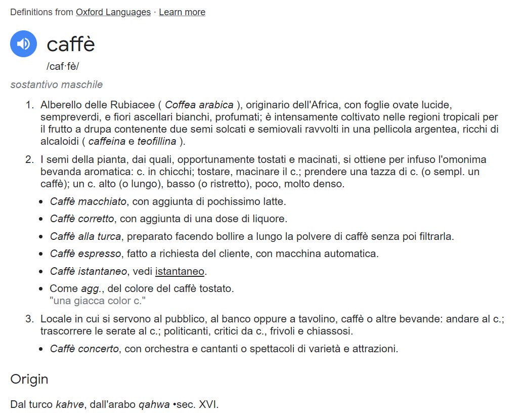 Italian dictionary entry for caffé.