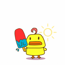 a cartoon of a yellow duck holding an ice cream bar with the words melting below it